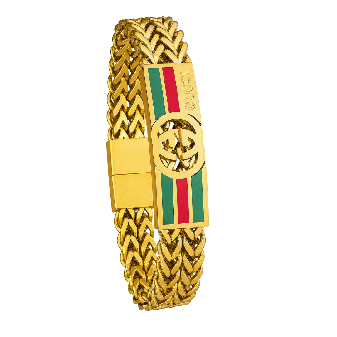 Gucci Logo Braided Chain Bracelet — Gold with Signature Stripes : GLBCB-GSS-19