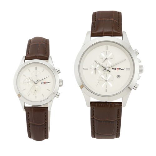 Classic Chrono-Leather Couple Set — Brown & Silver : CCL-BS-02